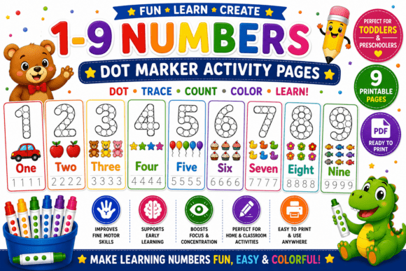 Download 1–9 Numbers Dot Marker Pages for Kids - Dot mark Collection